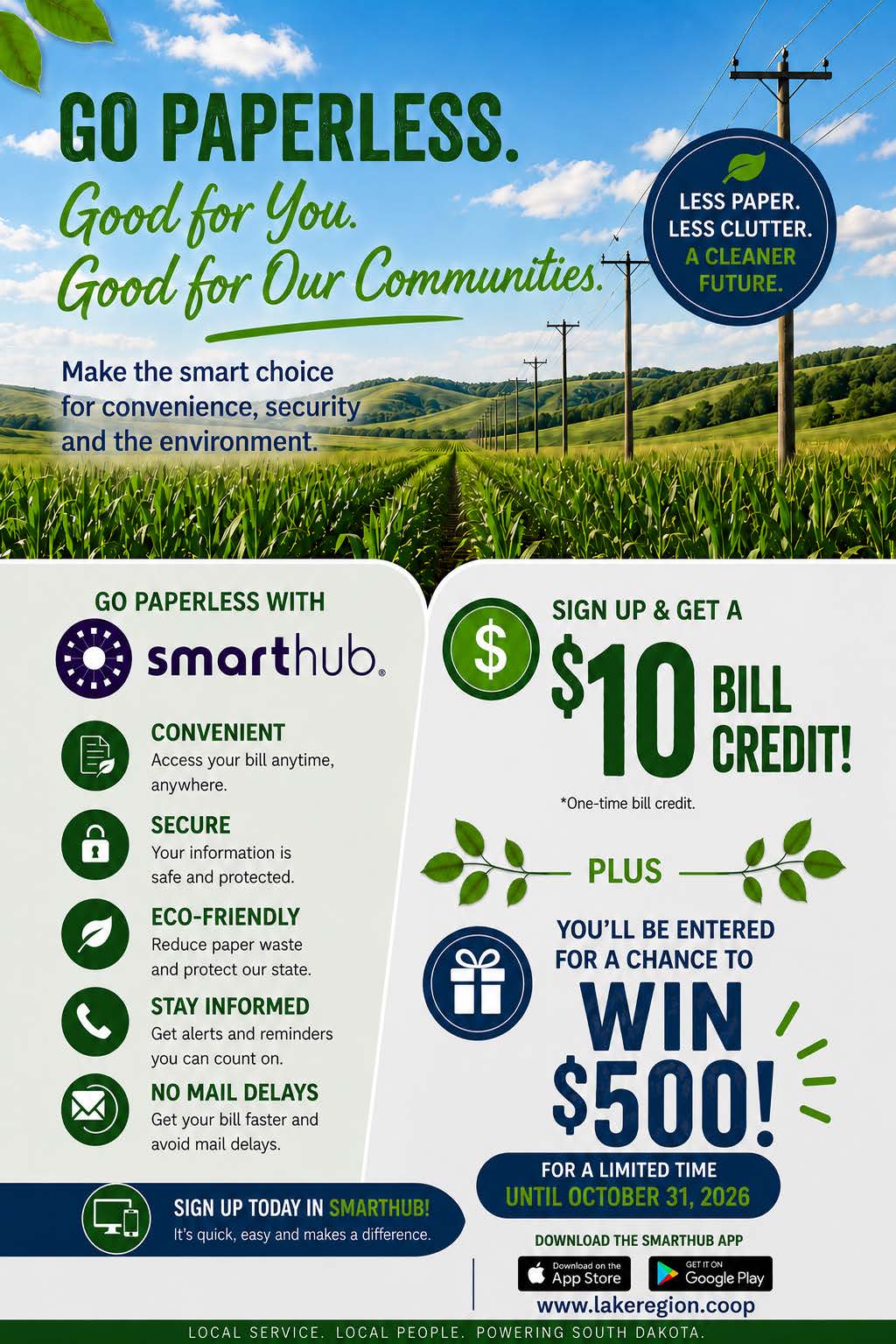 ad for paperless billing with picture of cornfield and utility poles